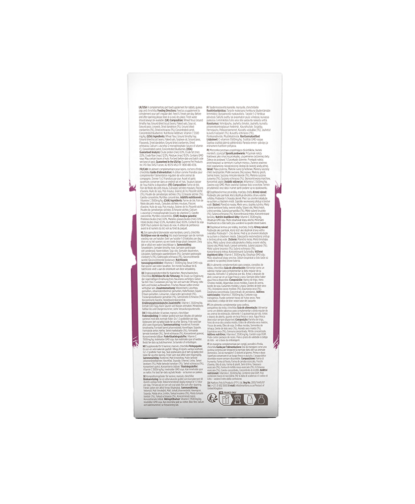 Back of the Science Selective Urinary Care supplement packaging, displaying detailed product information, ingredients, feeding instructions, and storage recommendations in multiple languages. The design includes purple accents along the sides of the package.