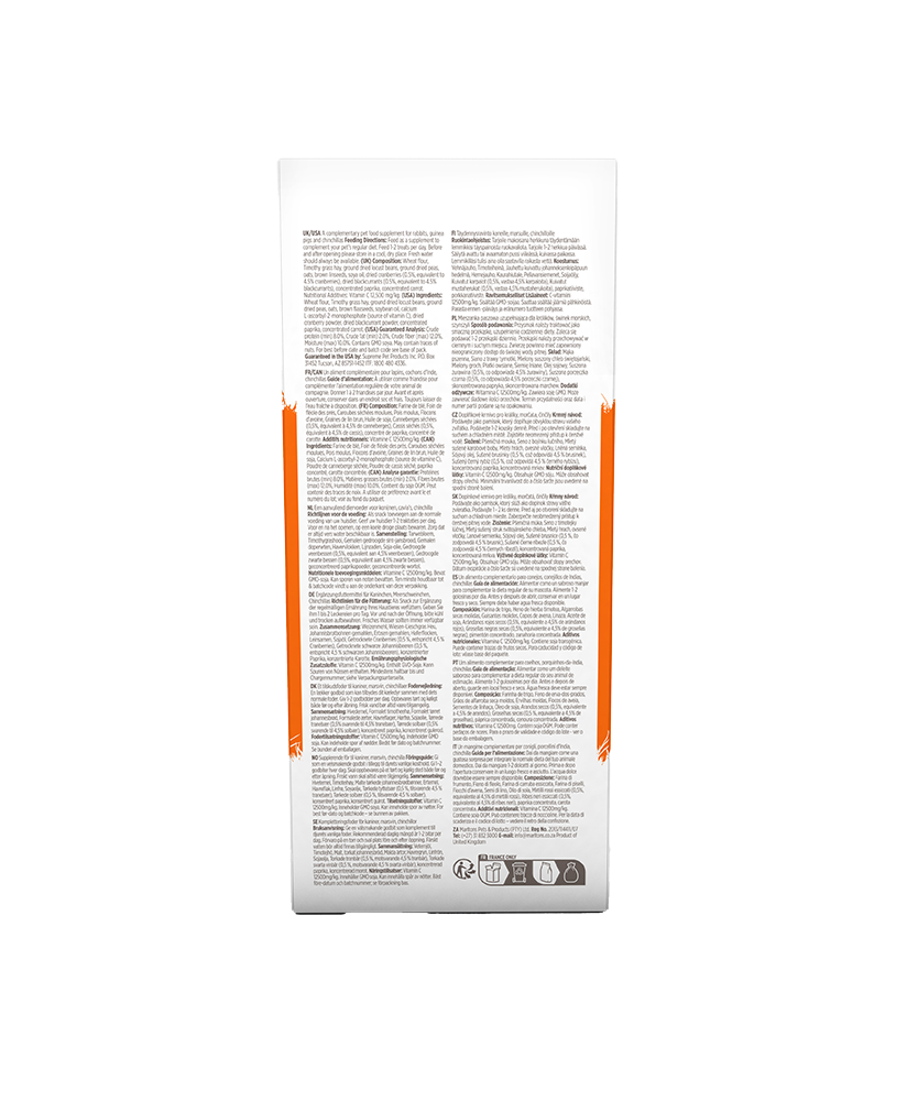 The image shows the back of the Science Selective Vitamin C Care supplement package. It includes detailed product information, including the ingredients, feeding instructions, and storage guidelines. The text is printed in multiple languages and covers nutritional information, usage recommendations for rabbits, guinea pigs, and chinchillas, and any relevant product safety details. The bottom of the package features recycling symbols, as well as contact and manufacturing details. The package's sides are orange, matching the front design.