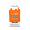 The image shows a package of Science Selective Vitamin C Care, a supplement designed for rabbits, guinea pigs, and chinchillas. The front of the package features an orange color scheme with the product name "Vitamin C CARE" in bold letters. There are three round supplements displayed on the package, and it highlights ingredients like Vitamin C, cranberry, and blackcurrant to support the immune system. The bottom of the package includes images of vegetables and fruits, with a net weight of 100g (3.5oz).