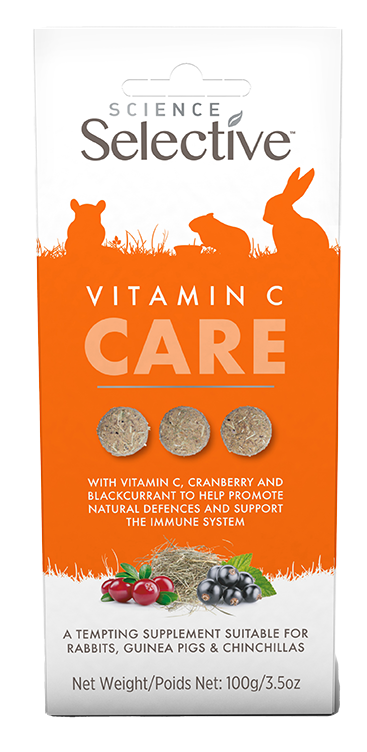 The image shows a package of Science Selective Vitamin C Care, a supplement designed for rabbits, guinea pigs, and chinchillas. The front of the package features an orange color scheme with the product name "Vitamin C CARE" in bold letters. There are three round supplements displayed on the package, and it highlights ingredients like Vitamin C, cranberry, and blackcurrant to support the immune system. The bottom of the package includes images of vegetables and fruits, with a net weight of 100g (3.5oz).