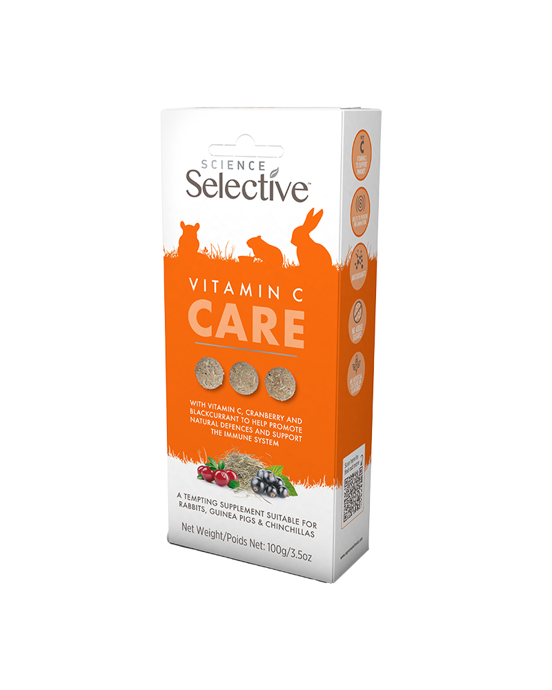 The image shows a box of Science Selective Vitamin C Care, a supplement designed for rabbits, guinea pigs, and chinchillas. The package has a bright orange color with the product name "Vitamin C CARE" in bold letters. Three round supplements are shown on the front, and the package highlights the ingredients: Vitamin C, cranberry, and blackcurrant to support the immune system. The bottom of the package mentions that it is suitable for rabbits, guinea pigs, and chinchillas, with a net weight of 100g (3.5oz). Additionally, icons on the right side of the package indicate various product features, and there is a QR code at the bottom. The Supreme Petfoods logo is visible in the top left corner.